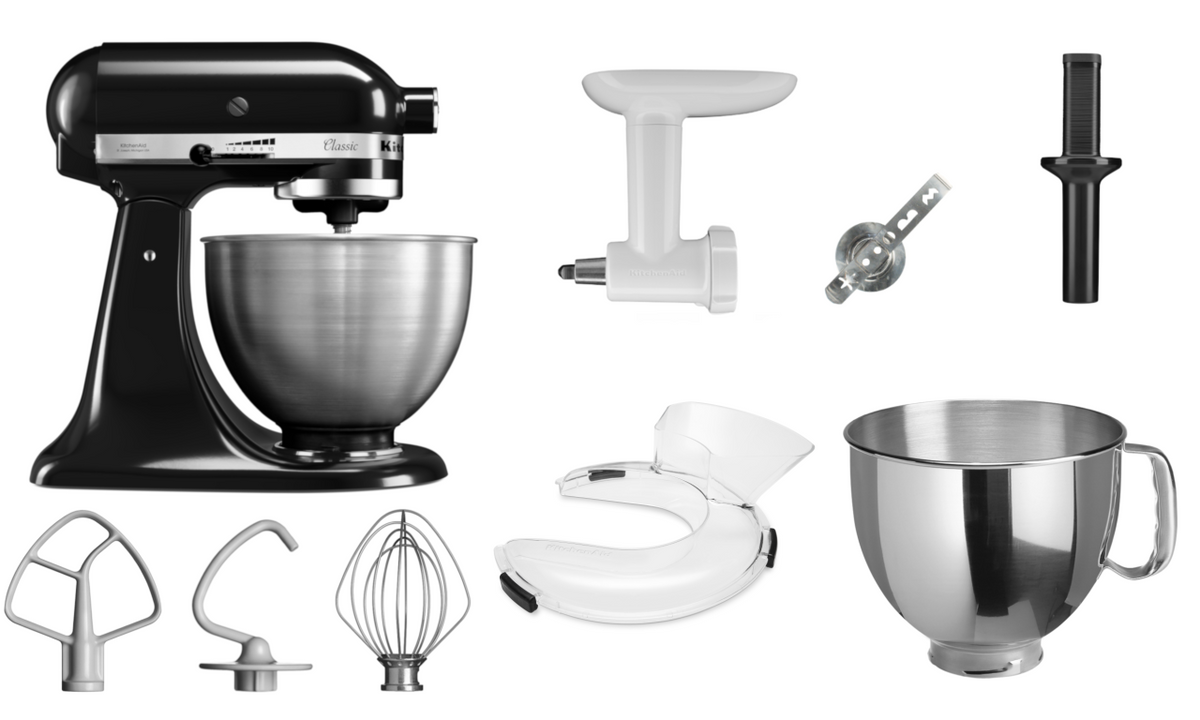 KitchenAid 4,3 L 5K45SS Classic Küchenmaschine Set 4 Fleischwolf+Spritzgebäck+Schüssel+Spritzschutz