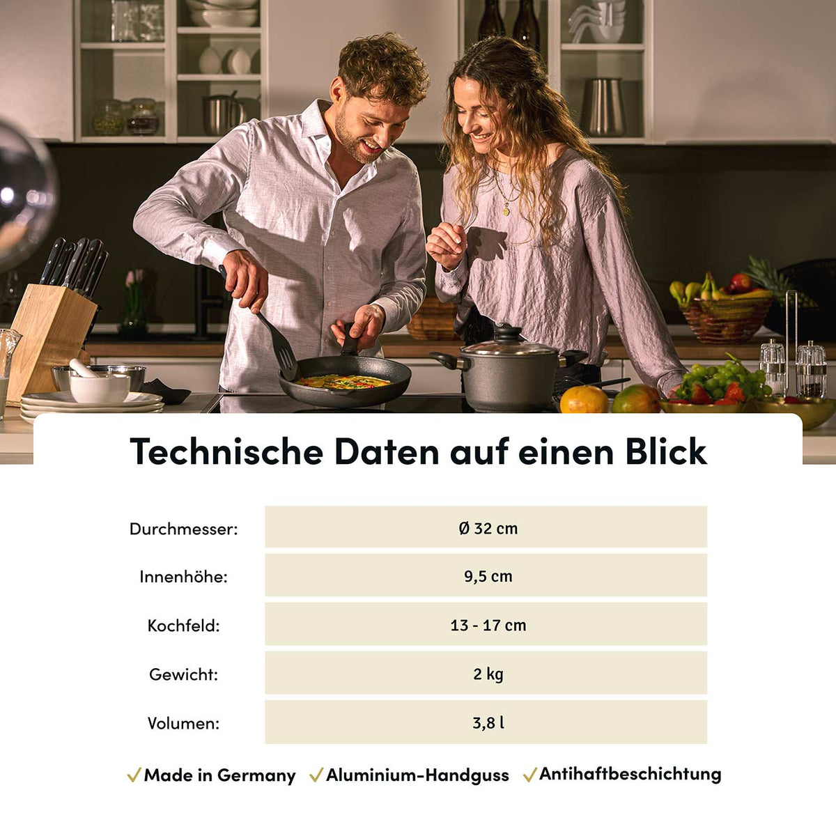 Aluguss Wokpfanne mit abnehmbarem Stiel Ø 32 cm